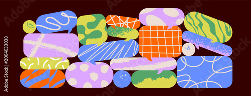 Colorful abstract speech bubbles with playful textured patterns in scribble style. Modern creative communication, chat, discussion concept. Multiple messages group. Colored flat vector illustration