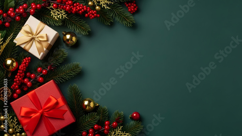 Christmas Background with Gift Boxes, Pine Branches, Red Berries and Golden Ornaments
