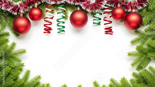 Christmas Background with Red Ornaments, Pine Branches and Festive Ribbons on White