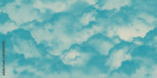 Color halftone texture of blue sky with clouds. Abstract cloud pattern vector dotted pixel texture background with copy space. Vintage cloudy sky