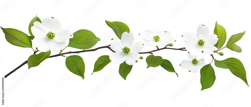 Obraz premium Beautiful white dogwood flower branch with green leaves botanical illustration png transparent