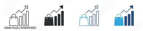 Retail growth analytics icon set. shopping bag with rising chart. e-commerce and sales performance concept. vector illustration.