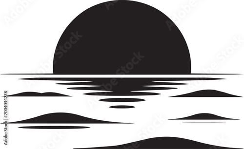a striking black silhouette depicting a setting sun over a calm ocean