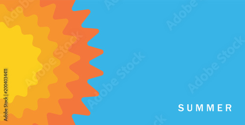 Abstract summer vector background with stylized wavy sun on blue sky. Minimalist horizontal poster, banner, or cover template for holiday travel and seasonal promo ads.