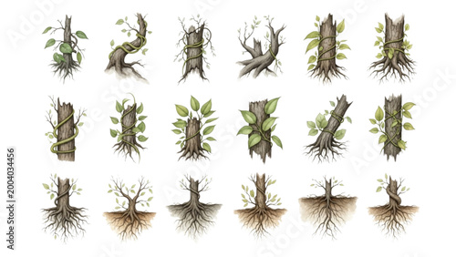 Collection of illustrated tree stumps with roots and growing green leaves