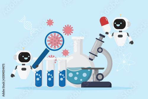 AI Robots Drug Research and Laboratory Science Concept, Flat Design