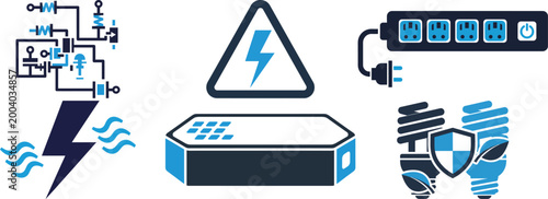 Various electricity icons circuit board lightning bolt power strip warning sign and fluorescent bulbs.
