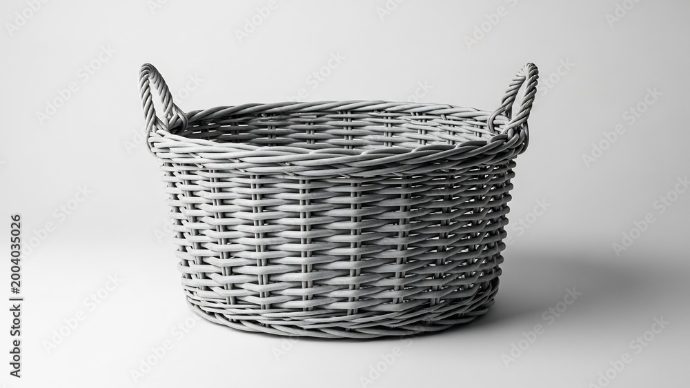 Obraz premium Woven Round Basket with Handles on a White Background.