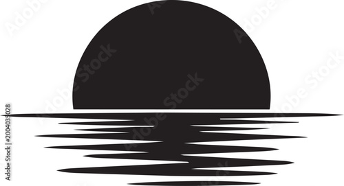 a striking black silhouette depicting a setting sun over a calm ocean