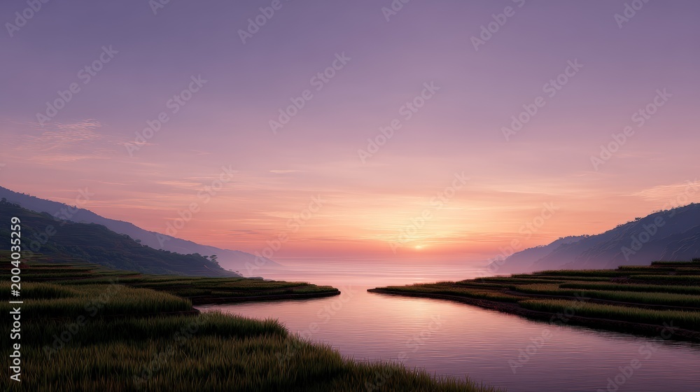 Fototapeta premium Rice field landscape at sunrise with terraced fields reflecting the soft light, surrounded by mountains and a calm river, creating a serene and picturesque rural scene in Southeast Asia