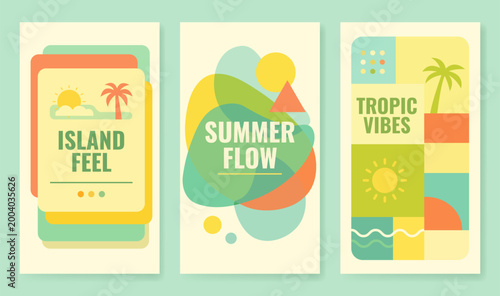 Summer flow tropic vibes poster template set. Island feel beach palm sun wave geometric design. Orange teal green yellow retro flat graphic. Colorful tropical holiday promotion layout. Seasonal social