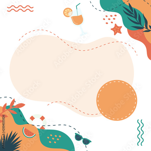 Fond estival avec formes organiques, icônes minimalistes et espace texte. Design moderne idéal pour réseaux sociaux, affiches et visuels promotionnels.