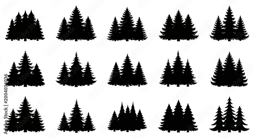 Obraz premium Set of black pine tree silhouettes on white background various shapes and sizes nature icons graphic elements