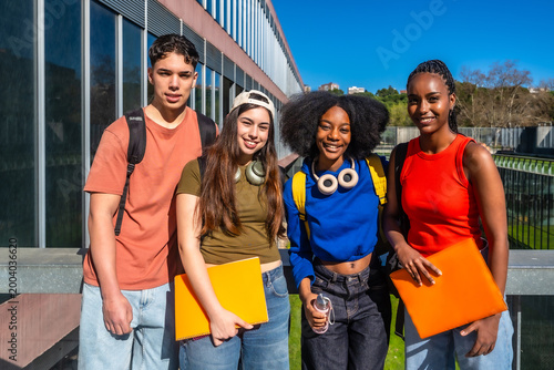 Diverse students smiling gathering on university campus