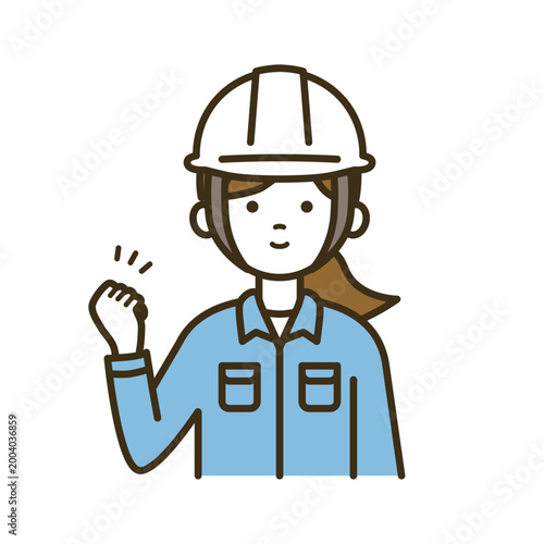 ガッツポーズをする点検作業員の女性イラスト｜白ヘルメット・作業服・解決・成功