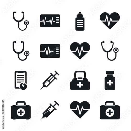 Medical Icons Set: Stethoscope, ECG, Syringe, Heartbeat, First Aid Kit, Medicine Bottle