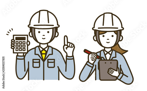 見積提示と契約の記録を行う作業員の男女ペアセット｜作業服・ネクタイ・ブラウス・電卓