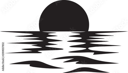 a striking black silhouette depicting a setting sun over a calm ocean