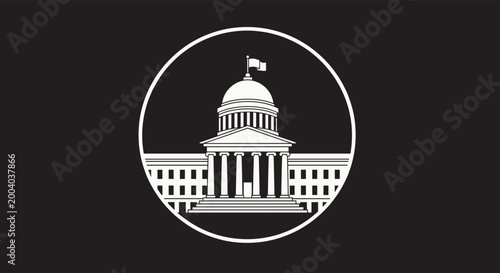White government building icon featuring a dome and pillars enclosed in a circular frame on a solid black background.