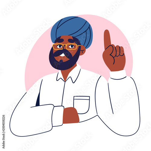 Man in glasses and turban, gesturing with hand, pointing up. Indian male char...