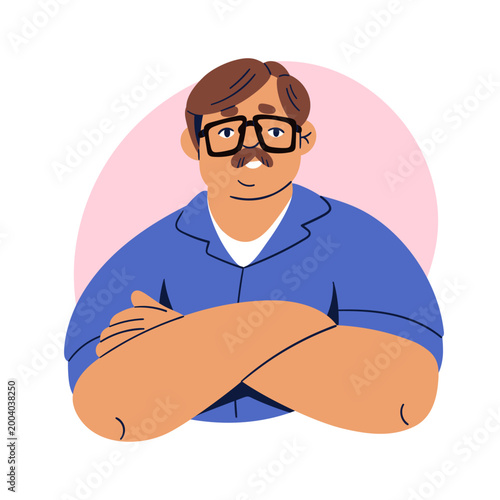 Man in glasses specs. Chubby chunky person. Male portrait with arms crossed, moustache. Smiling character in spectacles, avatar, user profile. Flat vector illustration isolated on white background