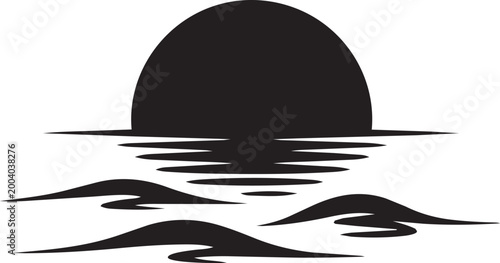 a striking black silhouette depicting a setting sun over a calm ocean