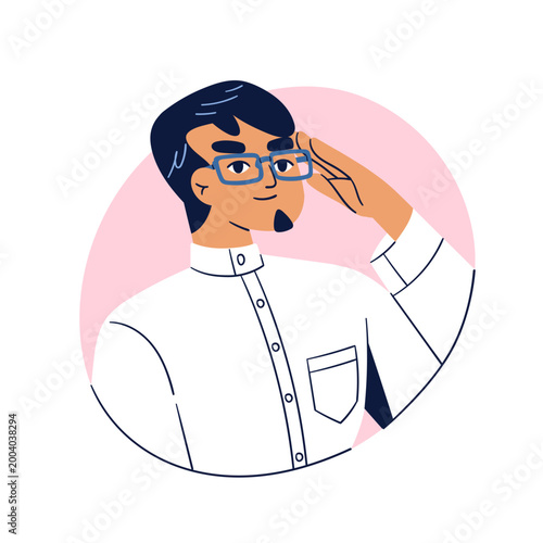 Man in glasses, gesturing hand to temple, military salute greeting. Male in s...