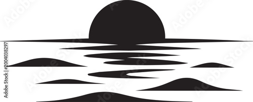 a striking black silhouette depicting a setting sun over a calm ocean