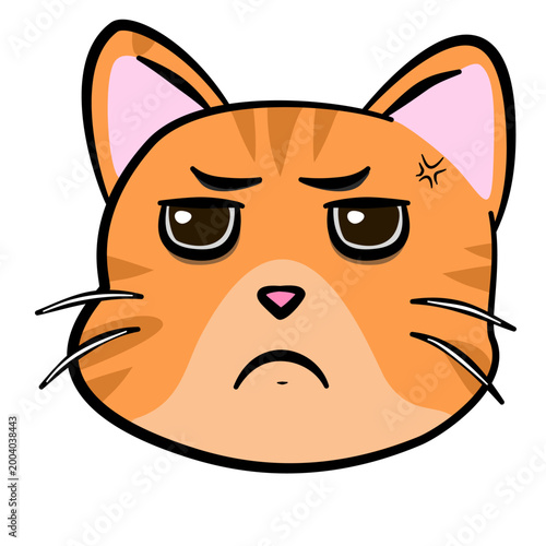 Angry ginger cat face illustration, grumpy orange tabby kitten character, cute cartoons cat with annoyed expression, vector mascot 