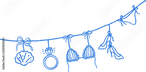 Summer Beach Bachelorette Party Garland with Wedding Rings and Bikini Outline. Wedding Artwork Perfect for Invitation,Greeting Card.