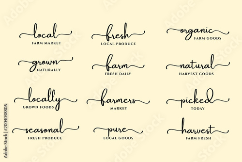 Collection of elegant hand drawn typography phrases for farm markets, organic products and fresh produce branding. Ideal for packaging, labels, logos, posters and rustic design projects.