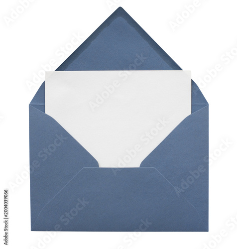 Blue envelope with blank white card isolated on transparent PNG. Minimal birthday stationery mockup for invitation, greeting card, wedding or business branding.