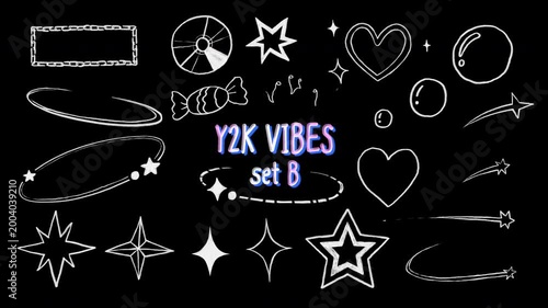 Set B of Y2K Hand Drawn Motion Graphic Effects, retro doodle sparkle starburst swirl orbit heart bubble shooting star chain frame elements, transparent background, alpha channel