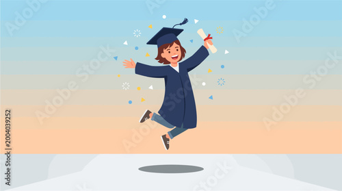 Fotografie Happy graduate in blue academic gown jumping with joy celebrating achievement at