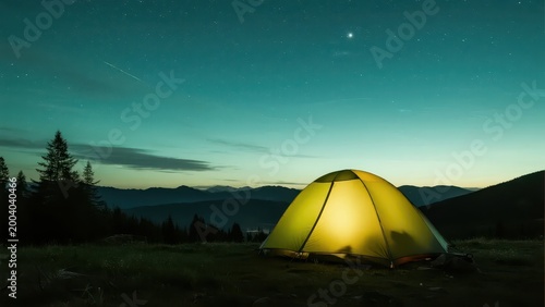A lakeside camping scene under the starry night sky, with a warm glowing tent, quiet and healing.

