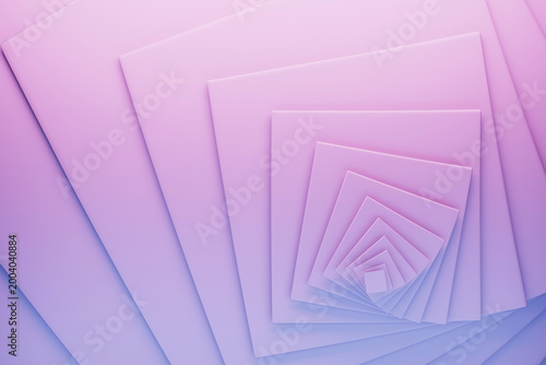 Abstract purple layered frames form endless recursive portal with smooth matte surfaces, soft shadows. Abstract geometric background with vortex pattern. Suggests depth, modernity, peaceful immersion.