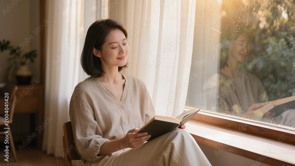 Naklejka premium Serene Woman Reading Book by Sunny Window at Home