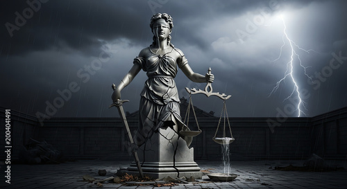 Broken statue of justice with stormy weather