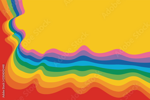 Wavy rainbow stripes flowing across a bright yellow background with a red base color