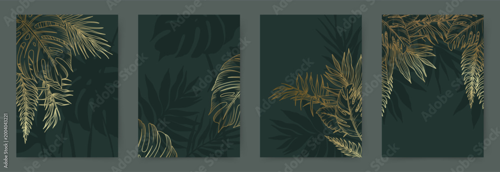 Fototapeta premium Luxury floral green backgrounds set. Tropical gold hand drawn line art exotic flowers and leaves. Vector design for poster, card, invitation, packaging, cover, banner, wall art, wallpaper