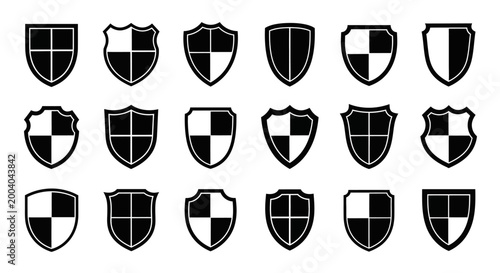 Foto Set of black and white shield icons with various checkered patterns on a white b