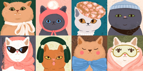 Head portraits of modern funny cats set. Cute pets, kitty characters wearing ...