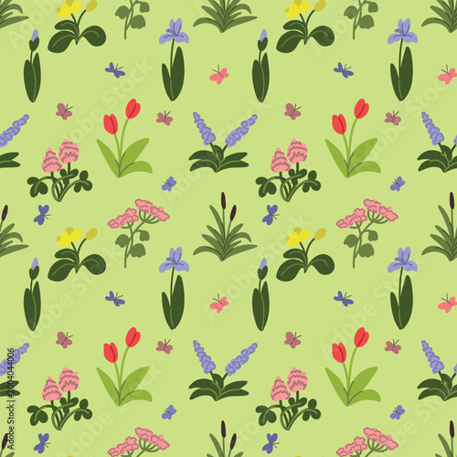 Seamless pattern with colorful garden flowers and butterflies. The design features a variety of blooming plants, including tulip-like flowers, lavender-style blossoms, leafy stems