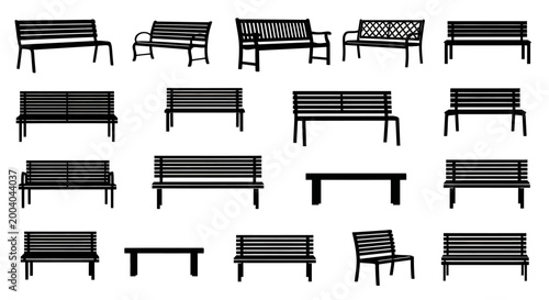 Collection of various black park benches and outdoor seating on white background furniture set