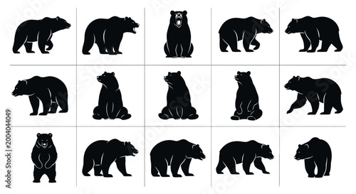 Collection of black bear silhouettes in various poses and positions on white background