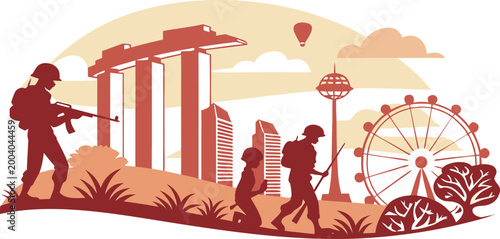 Photography Illustration of singapore landmarks with soldiers in the foreground