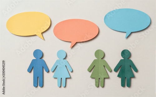 Tapety artystyczne Paper cutouts show diverse people with colorful speech bubbles above