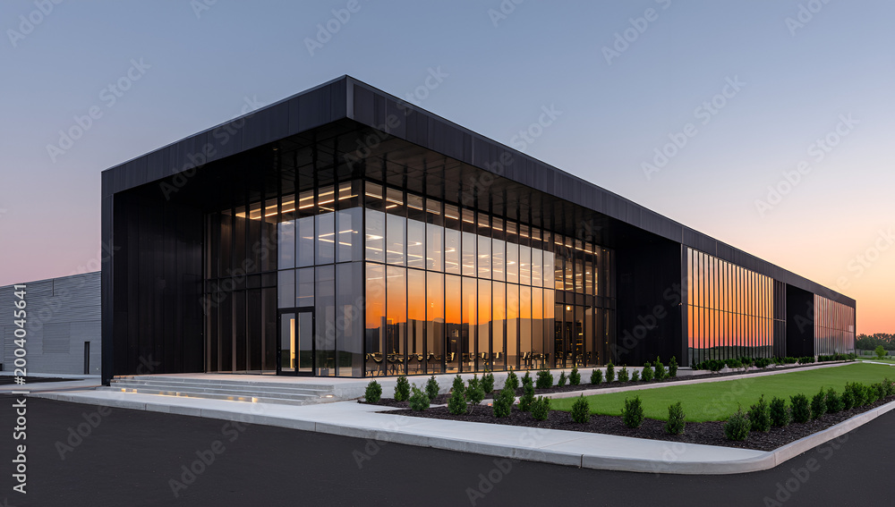 Obraz premium Modern Office Building with Glass Facade at Sunset.