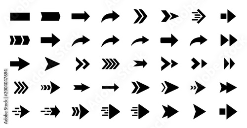 Comprehensive Set of Flat Black Arrow Icons and Speed Pointers Geometric Directional Symbols for Digital Interfaces