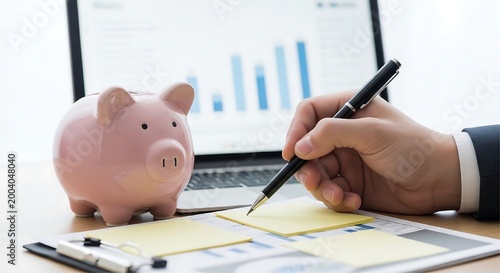 Close up of a person's hand writing on a yellow sticky note next to a pink piggy bank on a desk with a laptop screen visible.